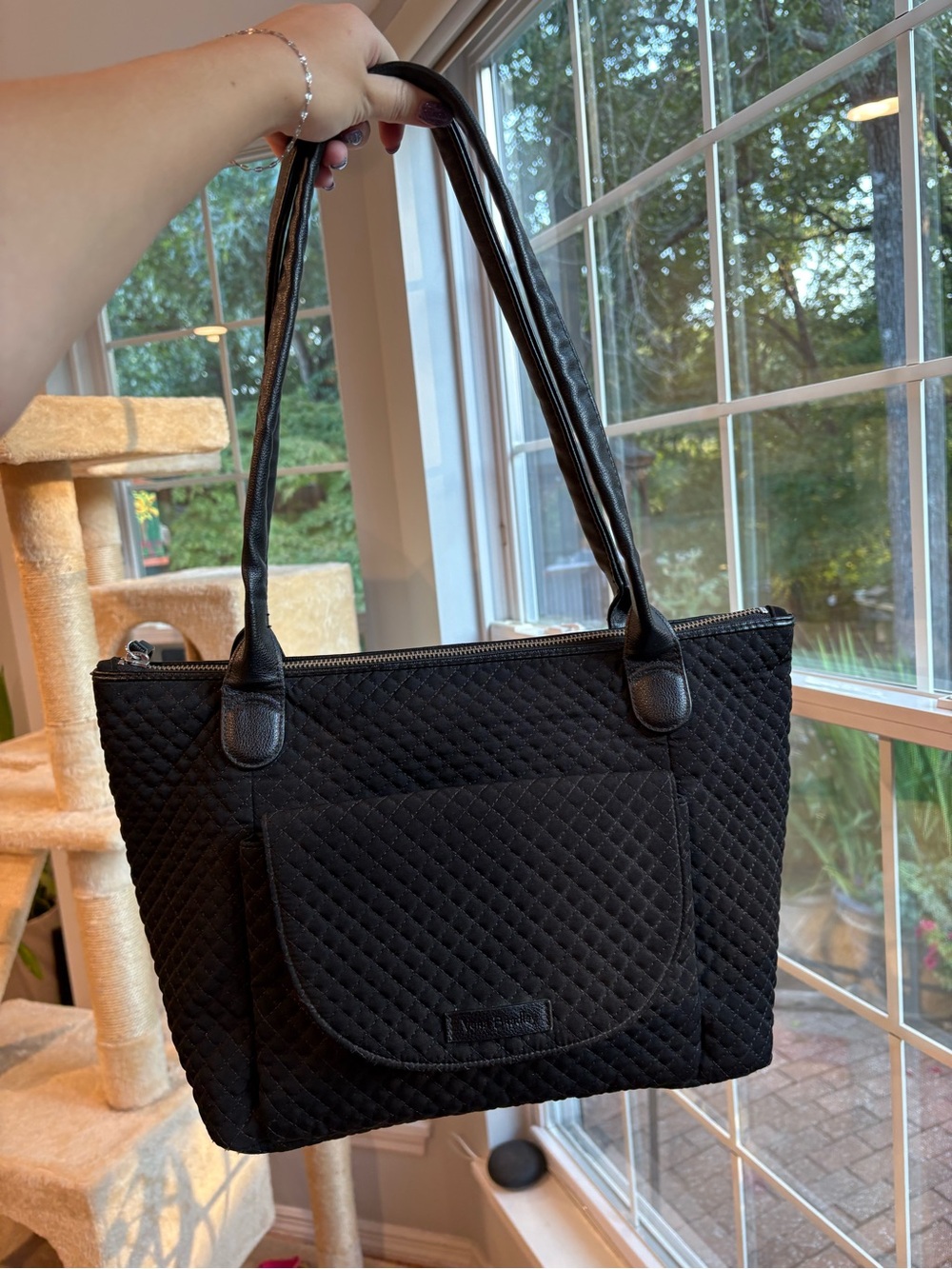 Vera Bradley Black Quilted Tote with Front Pocket w floral inside
